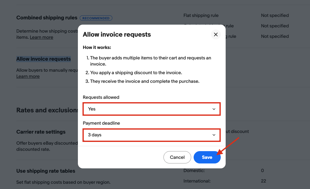 eBayのAllow invoice requests設定画面