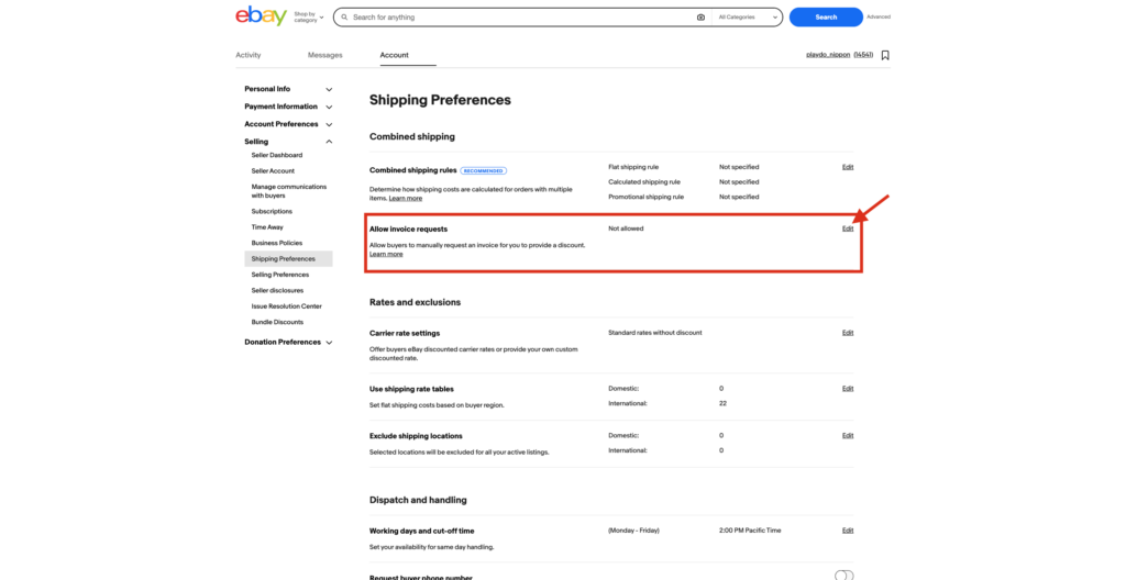 eBayのShipping PreferencesにあるAllow invoice requests